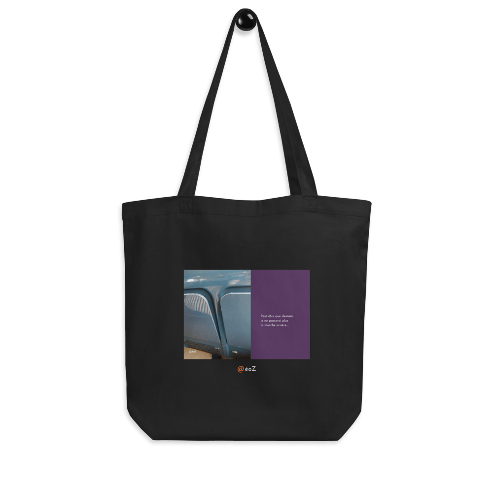 Tote Bag noir en coton Bio EoZ Créations Originales « Peut-être que demain… » accroché
