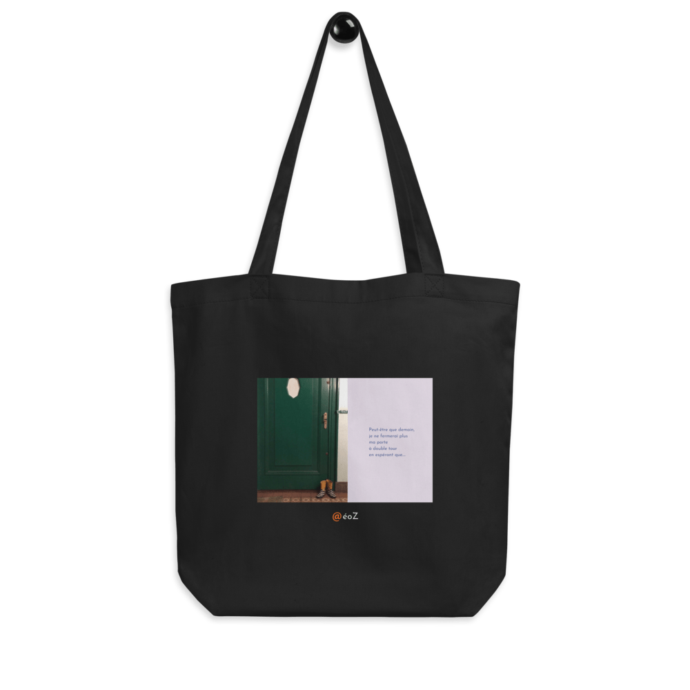 Tote Bag noir en coton Bio EoZ Créations Originales « Peut-être que demain… » accroché