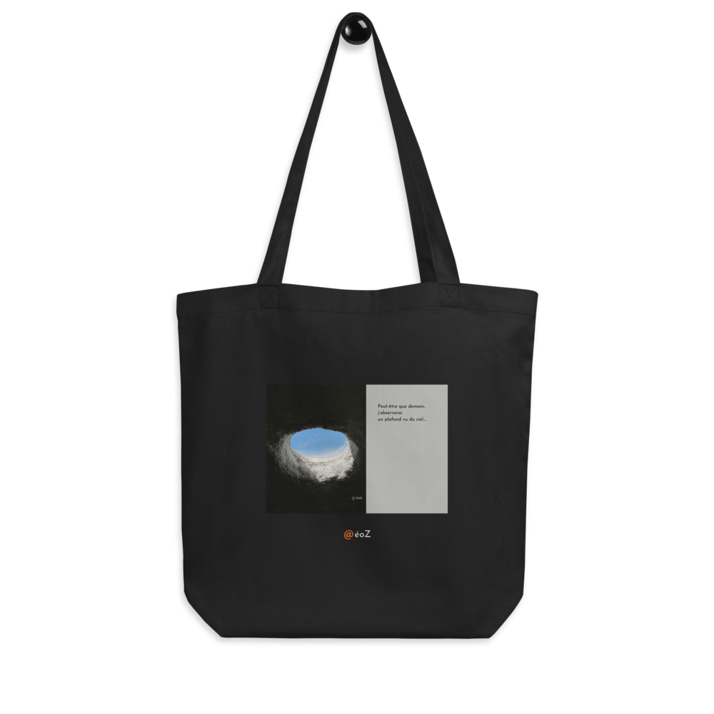Tote Bag noir en coton Bio EoZ Créations Originales « Peut-être que demain… » accroché