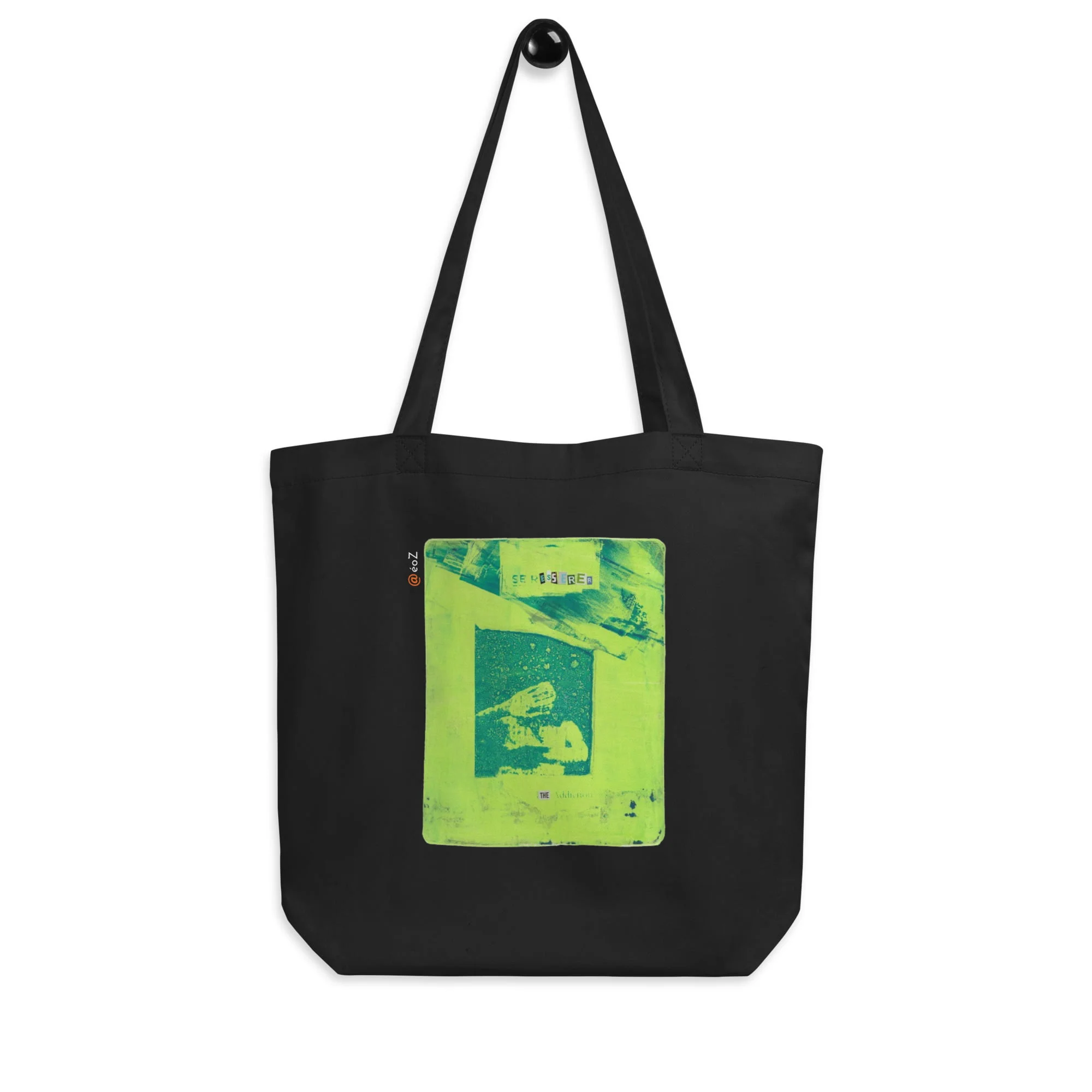 Tote Bag noir en coton Bio EoZ Créations Originales "Addiction" accroché