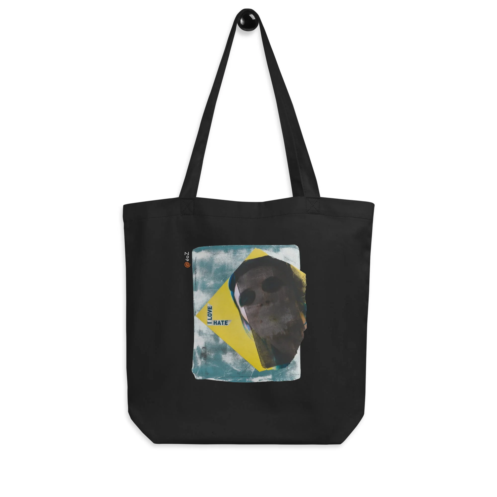 Tote Bag noir en coton Bio EoZ Créations Originales "love hate" accroché