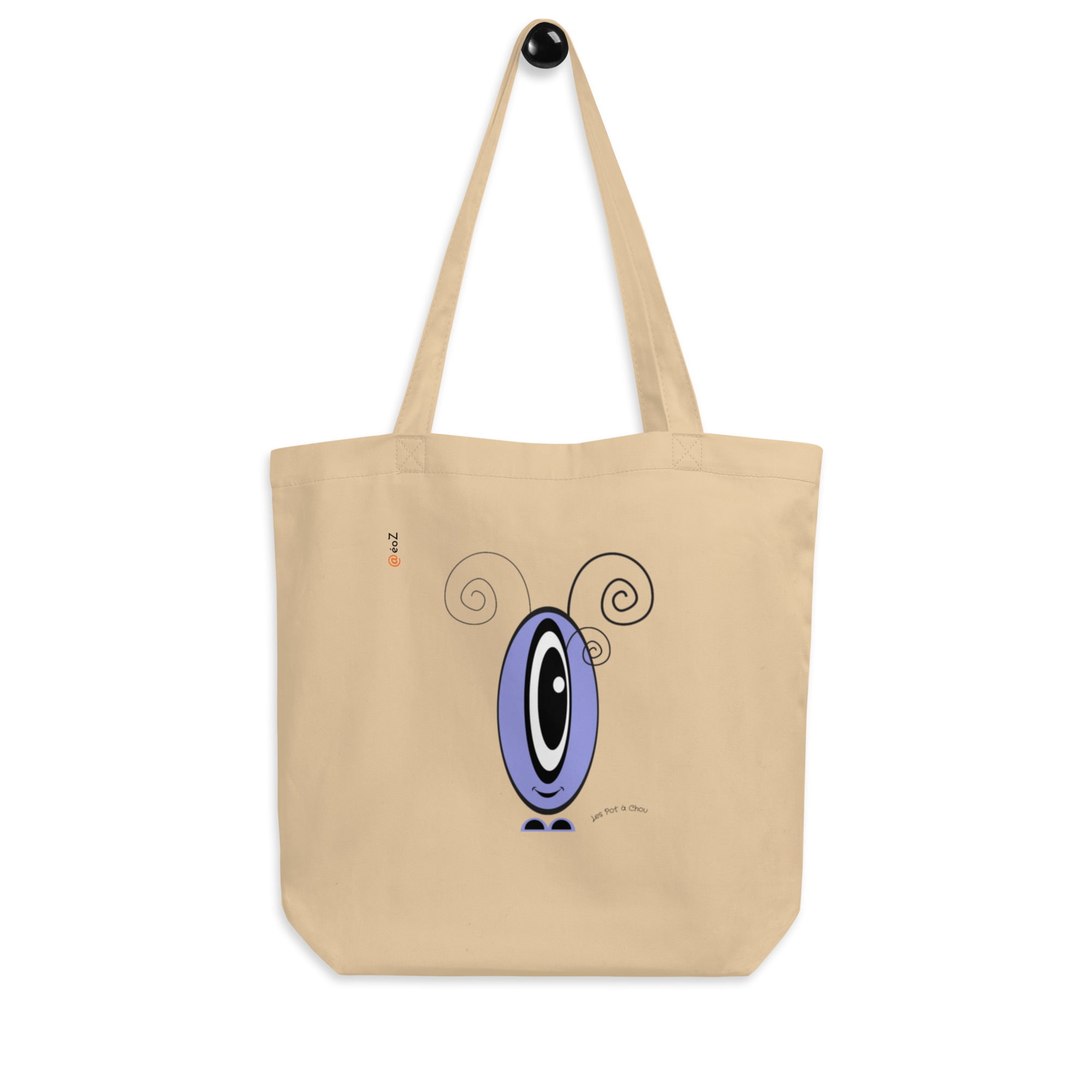 Tote Bag Les Pot’ à Chou mauve en coton Bio accroché