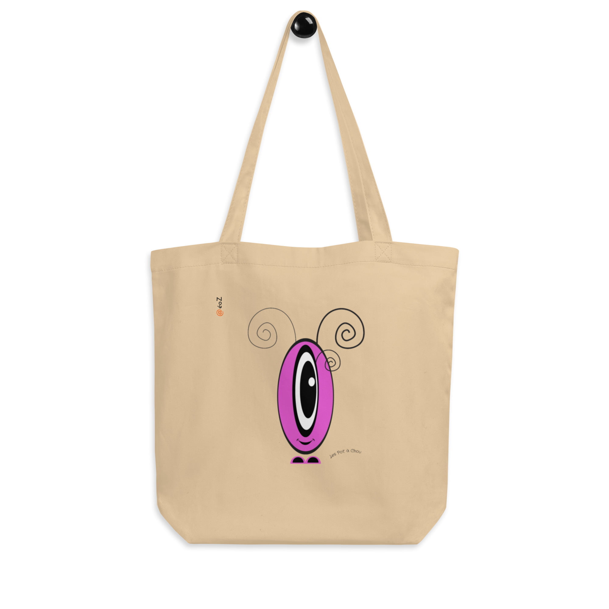 Tote Bag Les Pot’ à Chou rose en coton Bio accroché