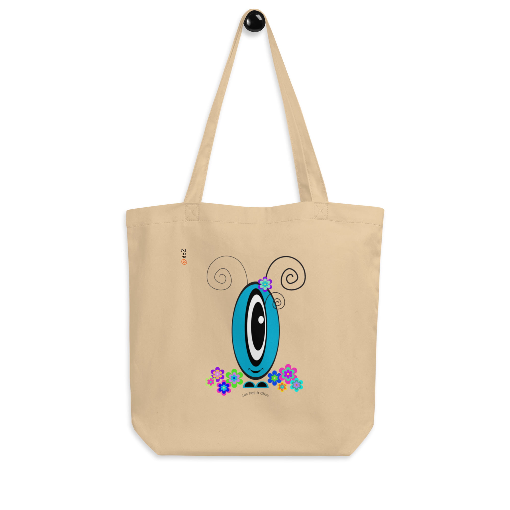 Tote Bag Les Pot’ à Chou fleuri bleu en coton Bio accroché