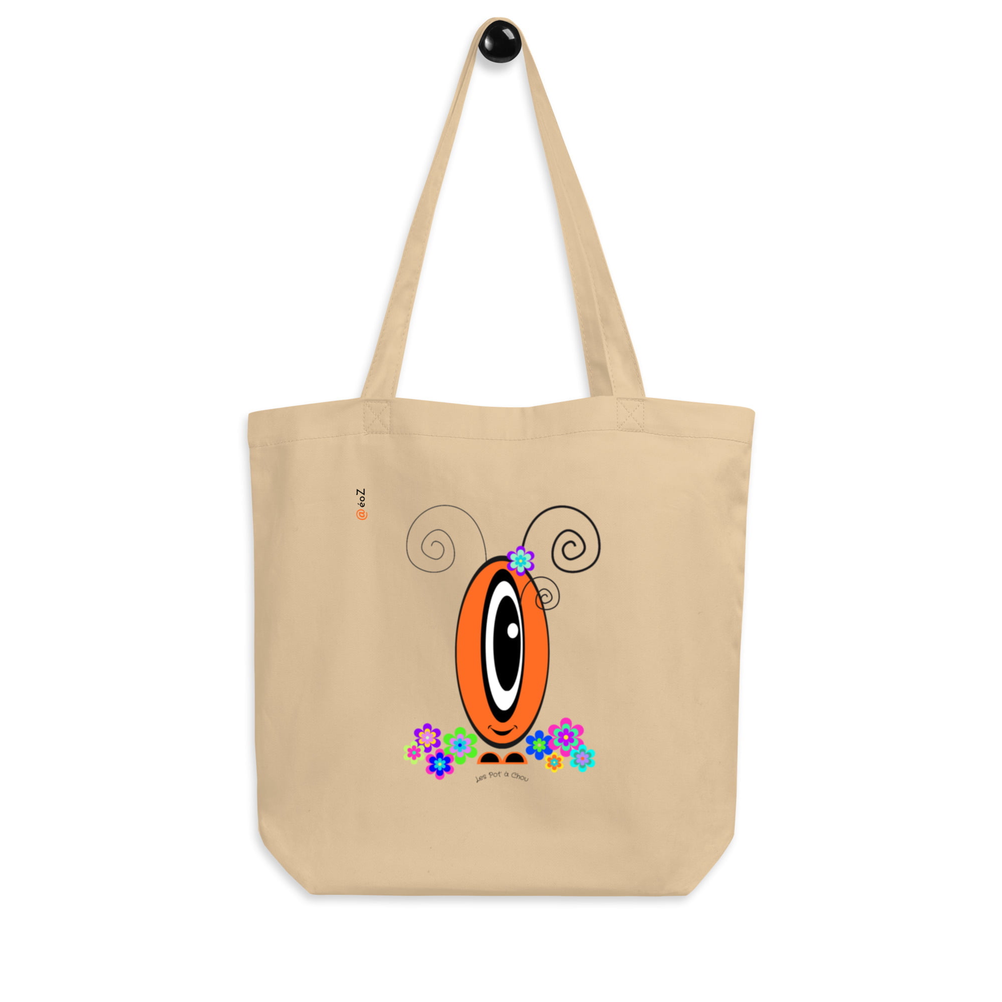 Tote Bag Les Pot’ à Chou fleuri orange en coton Bio accroché