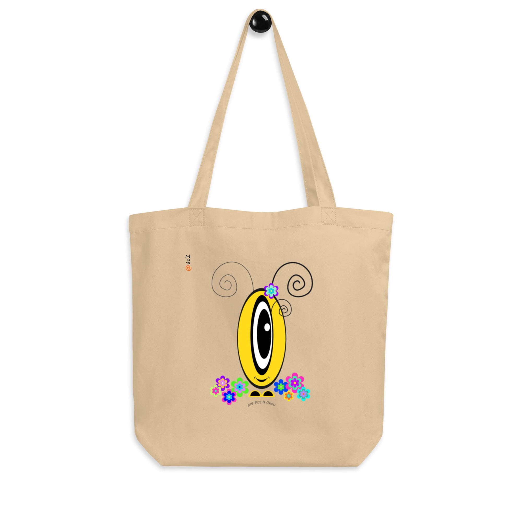 Tote Bag Les Pot’ à Chou fleuri jaune en coton Bio accroché