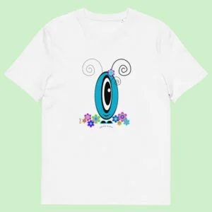 T-shirt unisexe blanc Les Pot’ à Chou fleuri bleu en coton Bio
