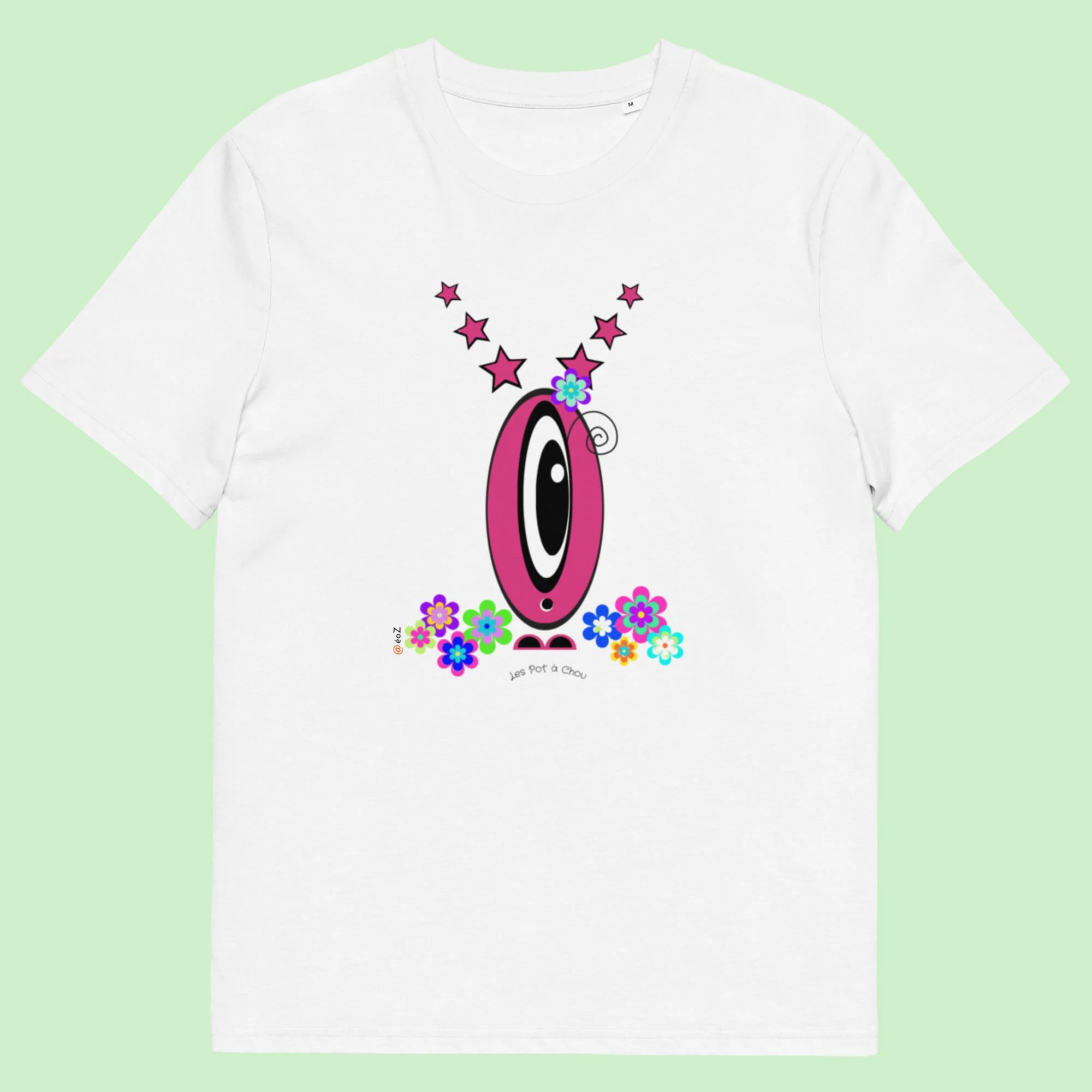 T-shirt unisexe blanc Les Pot’ à Chou fleuri Etoile rose en coton biologique