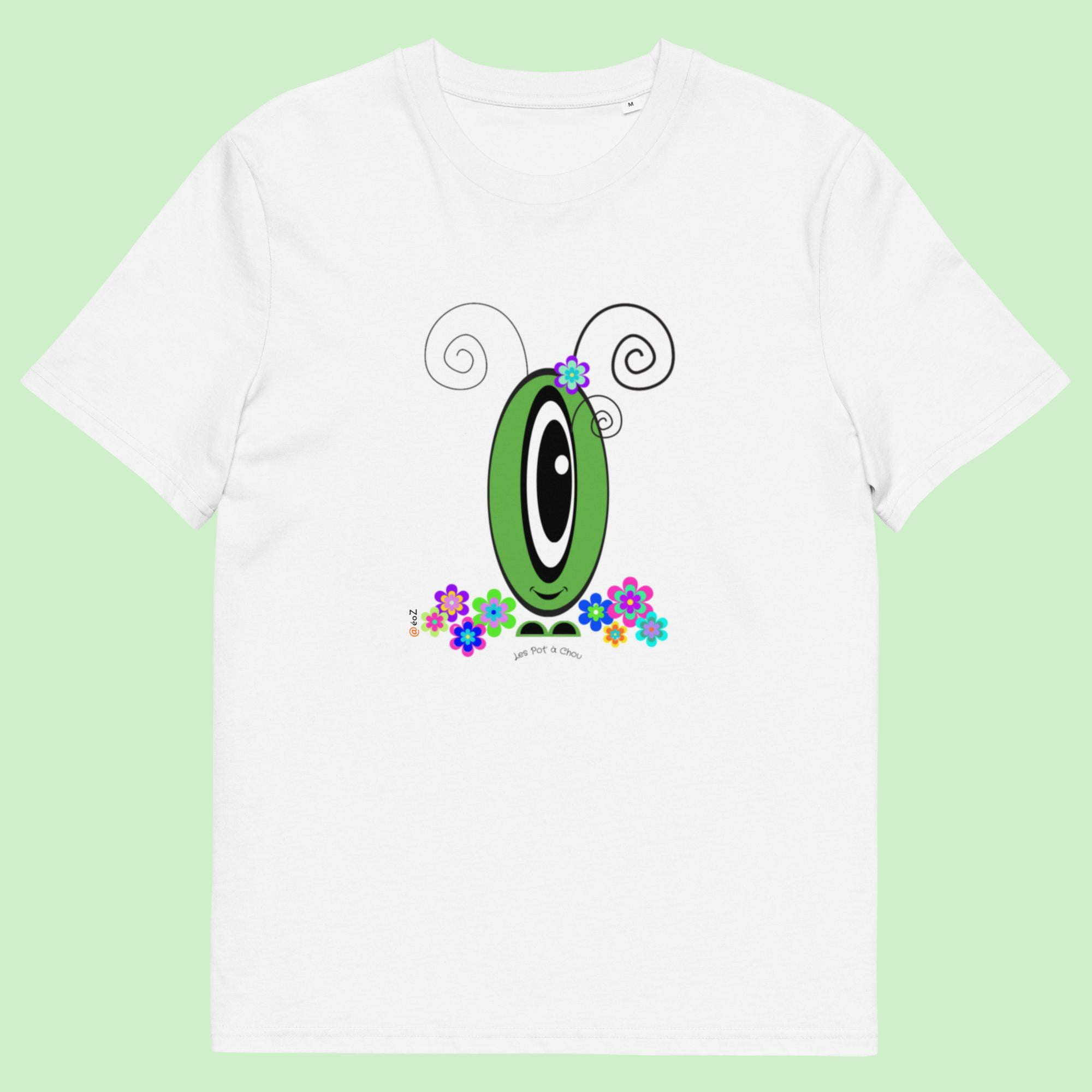 T-shirt unisexe blanc Les Pot’ à Chou fleuri vert en coton Bio
